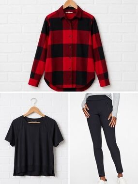 ATHLETA 3 Piece Clothing Bundle Zephyr Tank Tops LumberJill Flannel Shirt& Moto
